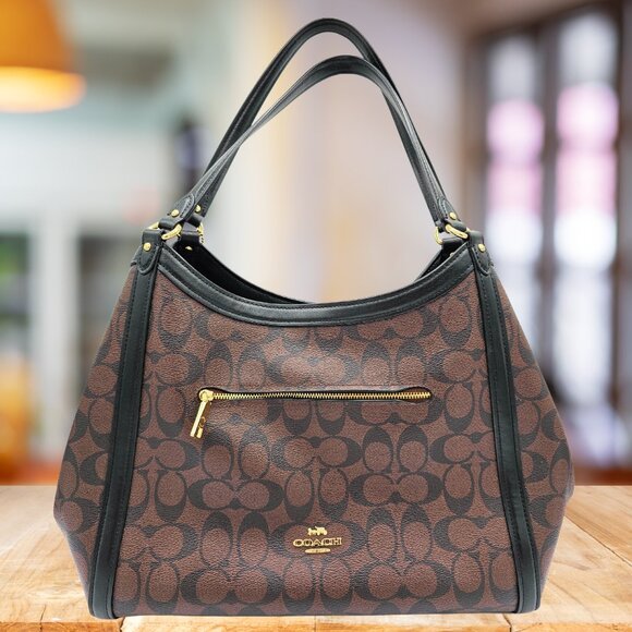 COACH Signature Khaki & Brown Canvas Shoulder Bag with Leather Trim Brass Hdwe - Picture 1 of 12